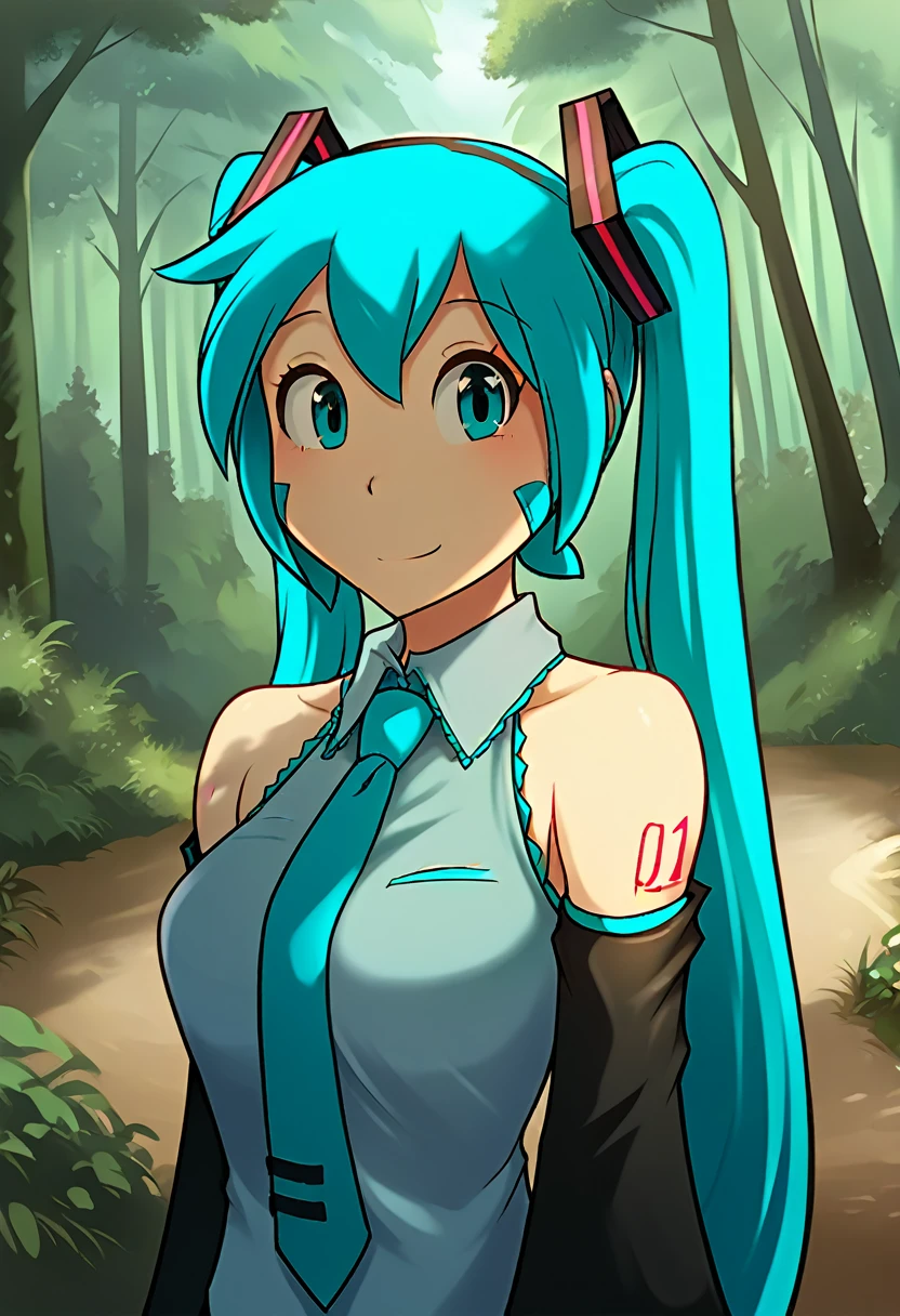 score_9, score_8_up, score_7_up, score_6_up, score_5_up, score_4_up, rating_explicit, female, cute female, cute face, forest, detailed background, looking at viewer, solo, solo focus, trace-twokinds, Hatsune miku, bare shoulders, detatched sleeves, ponytails, busty