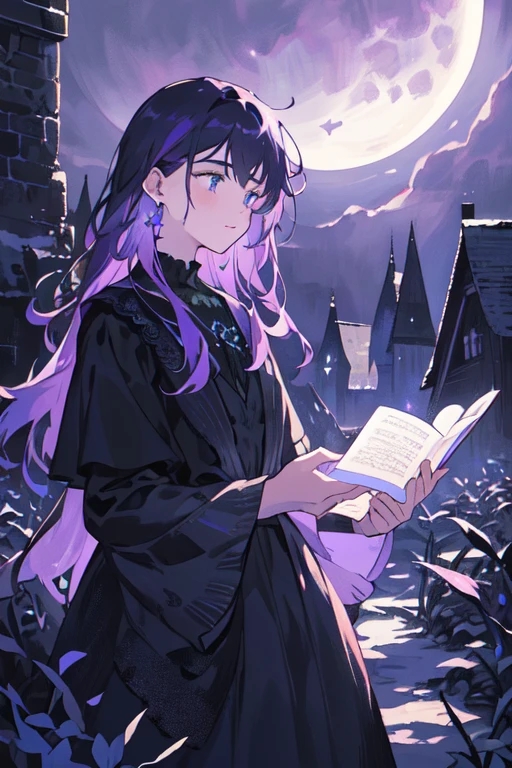 (best quality,4k,8k,highres,masterpiece:1.2),ultra-detailed,(realistic,photorealistic,photo-realistic:1.37),Female black haired witch,moonlit cottage,casting glowing purple spells,delicate pinafore dress,night scene,enchanted atmosphere,detailed stars in the sky,magic book,ominous clouds,floating candles,mysterious magic books,potion bottles on the shelves,spiderwebs in the corners,spooky ambiance,mystical incantations,hints of ancient symbols,dark shadows,dramatic moonlight,subtle fog,whispers of wind,glimmering moon reflections,soft glow from the glowing spells,elaborate lace details on the dress,luminescent green eyes,crackling magical energy,ethereal beauty of the witch,magical dewdrop earrings,hauntingly beautiful surroundings,colorful and vibrant spell effects,contrast between the witch's bright purple hair and the dark background,picturesque moonlit landscape,vivid colors,enchanted forest in the distance,rich textures in the dress and cottage walls,mesmerizing composition,chimney on the cottage billowing smoke,air of mystery,illuminated windows in the cottage,moon halo,whimsical and captivating scene.