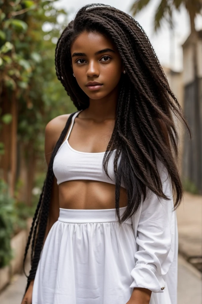 Una joven de pelo largo negro, blanca, 19 year old pretty face, pero que no parezca de ia, que se vea humana y normal
