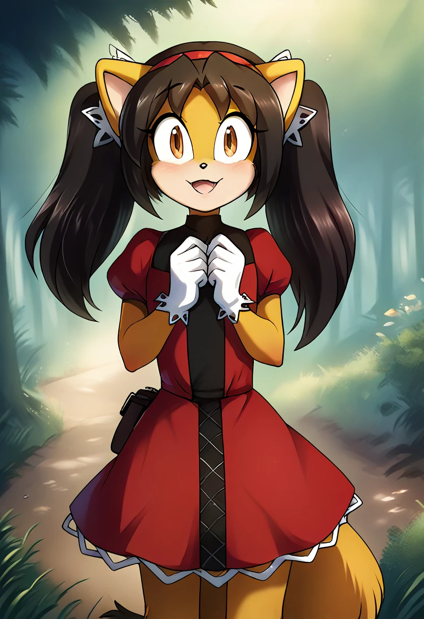 score_9, score_8_up, score_7_up, score_6_up, score_5_up, score_4_up, rating_explicit, source_furry, female, cute anthro female, cute face, forest, detailed background, looking at viewer, solo, solo focus, (digital pen line-art, soft lines, soft shading, pinup, cartoon, anime:1.2), keidran, honey the cat, sonic (series), black hair, twintails, frilly hairbands, red dress, red hairband
