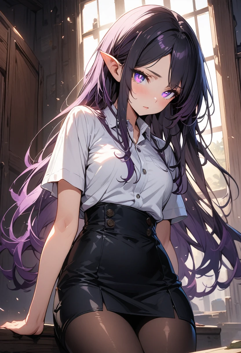 ((highest quality, masterpiece, ultra high definition, high resolution)), ((ultra-detailed illustrations:1.2)), 1 girl, solo, anime style, beautiful hair, parted bangs, loose hair, long hair, black hair, dark purple hair, multi colored hair, beautiful detailed eyes, beautiful detailed pupils, violet eyes, looking at viewer, pointed ears, mid-chest, white shirt, collared shirt, short sleeves, black mini skirt, pantyhose, shiny skin, shiny, indoor, bedroom