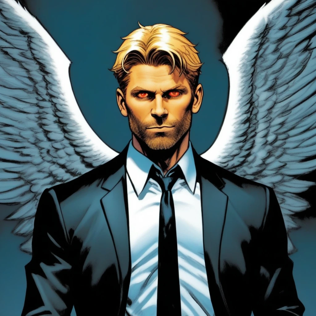 comic book art, mark pellegrino as lucifer, 1boy, male focus, solo, extreme light and shadow, specular highlights, lucifer from supernatural, art by ed benes