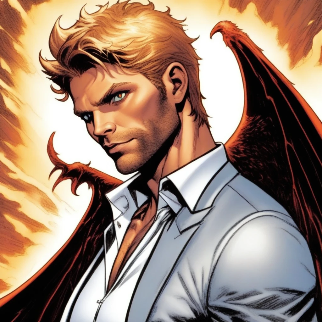 comic book art, mark pellegrino as lucifer, 1boy, male focus, solo, extreme light and shadow, specular highlights, lucifer from supernatural, art by ed benes