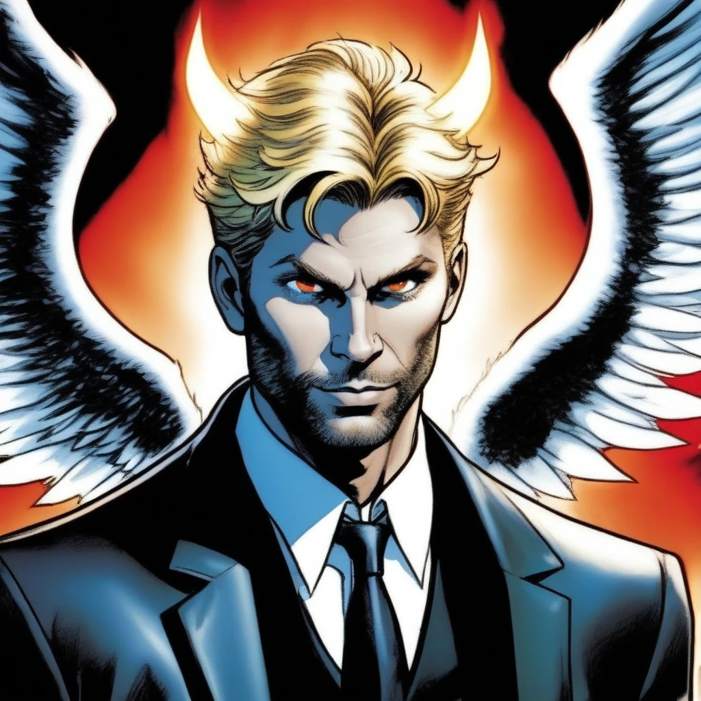 comic book art, mark pellegrino as lucifer, 1boy, male focus, solo, extreme light and shadow, specular highlights, lucifer from supernatural, art by ed benes