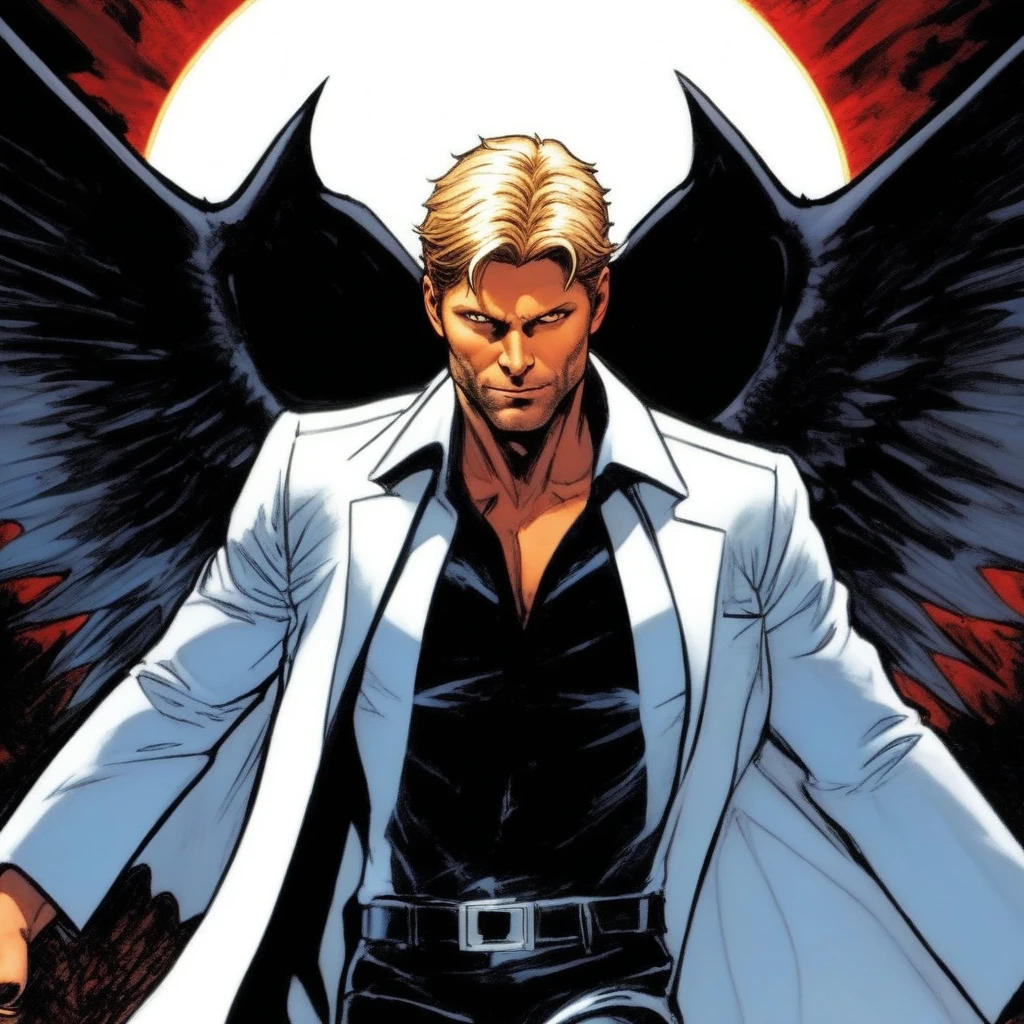 comic book art, mark pellegrino as lucifer, 1boy, male focus, solo, extreme light and shadow, specular highlights, lucifer from supernatural, art by ed benes