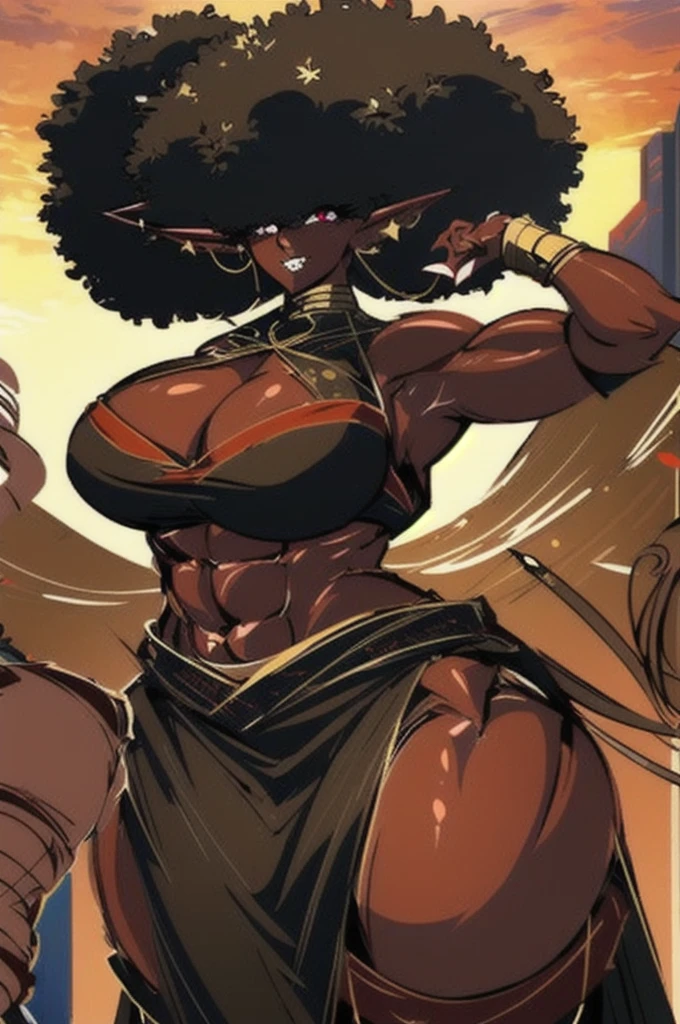 (masterpiece, best quality:1.2),1 girl, voluptuous body, full body, masterpiece, dominant pose, good anatomy, no extra limbs, big ass, thick thighs, black hair, voluminous afro, pointy ears, gold earrings, black top with red details, black skirt with red details, gold necklaces