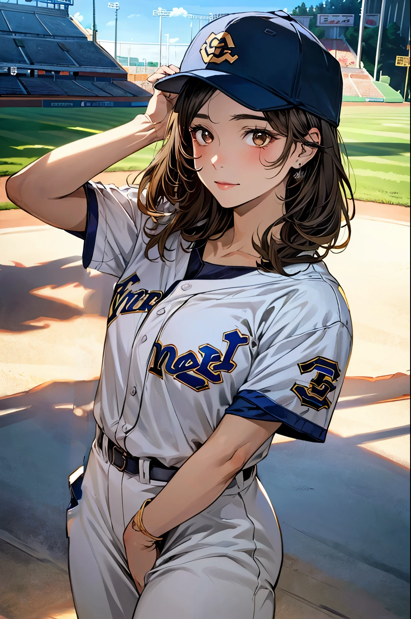(masterpiece:1.3, top-quality, ultra high res, ultra detailed), (realistic, photorealistic:1.4), beautiful illustration, perfect lighting, natural lighting, colorful, depth of fields, ,
beautiful detailed hair, beautiful detailed face, beautiful detailed eyes, beautiful clavicle, beautiful body, beautiful chest, beautiful thigh, beautiful legs, beautiful fingers, shiny skin, 
looking at viewer, 1 girl, high school girl, baseball cosplay, (perfect anatomy, anatomically correct, super detailed skin), cute and symmetrical face, babyface, perfect face, perfect eyes, , 
(short hair:1.5, straight hair:1.5, light brown hair), swept bangs, gold eyes, drooping eyes, big eyes, long eye lasher, (medium breasts, seductive thighs), skin dendation, 
(detailed cloth texture, baseball uniform:1.2, baseball cap, ), 
(beautiful scenery), summer, late afternoon, (baseball stadium:1.1), standing, (triumph expressions), diffused natural sunlight, diffused natural skin glow, 