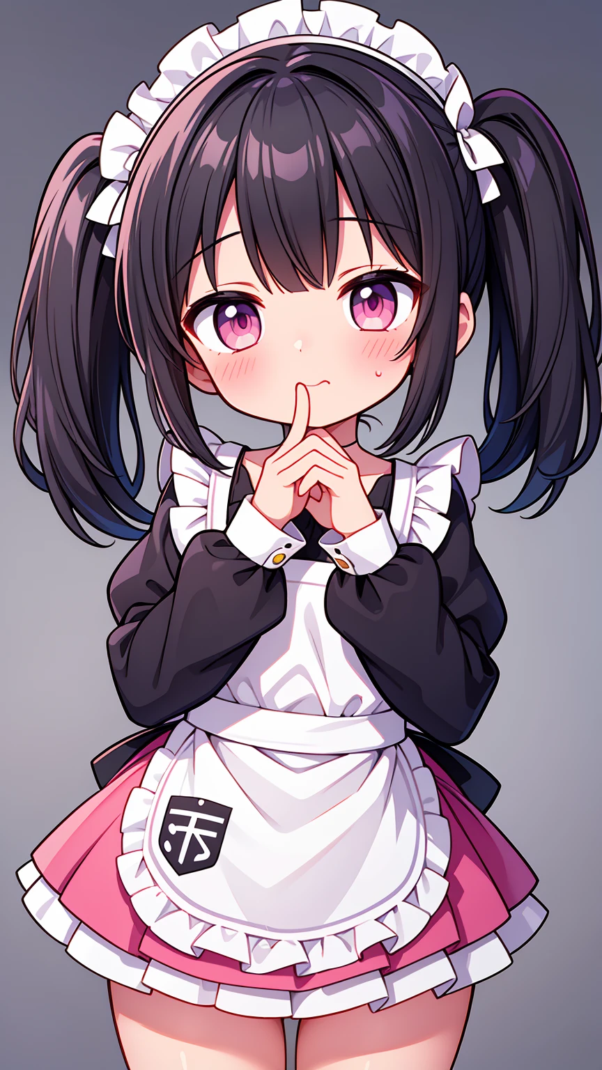 (8K, Highest image quality, highest quality, masterpiece), detailed face, (( girl)), (little lolive) , black hair, short twintails, pink eyes, small breasts, naked apron, cowboy shot, put your hand on your mouth, kitchen background, ((very blushing)), ((detailed hands and fingers)), viewer perspective from below, (very blushing), (excited)