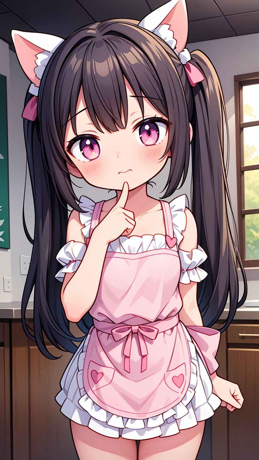 (8K, Highest image quality, highest quality, masterpiece), detailed face, ((loli girl)), (little loli curve) , black hair, short twintails, pink eyes, small breasts, naked apron, cowboy shot, put your hand on your mouth, kitchen background, ((very blushing)), ((detailed hands and fingers)), viewer perspective from below, (very blushing), (excited)