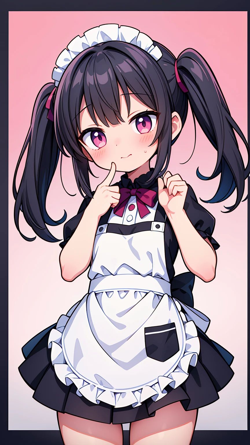 (8K, Highest image quality, highest quality, masterpiece), detailed face, ((loli girl)), (little loli curve) , black hair, short twintails, pink eyes, small breasts, naked apron, cowboy shot, put your hand on your mouth, kitchen background, ((very blushing)), ((detailed hands and fingers)), viewer perspective from below, (very blushing), (excited)