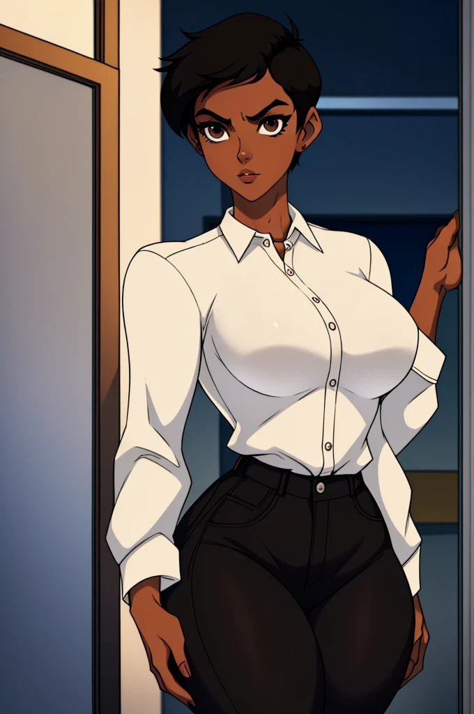 ((ultra quality)), ((masterpiece)), Lois Lane, ((black short hair tomboy hairstyle)), (Beautiful face), (beautiful female lips), (), charming, ((sexy facial expression)), (Dark skin color), (dark skin), glare on the body, ((detailed beautiful female eyes)), ((dark brown eyes)), (juicy female lips), (dark eyeliner), (beautiful female hands), ((ideal female figure)), ideal female body, beautiful waist, gorgeous thighs, beautiful medium breasts, ((subtle and beautiful)), sexy worth (), (White shirt, Black jeans) background: office, ((depth of field)), ((high quality clear image)), (clear details), ((high detail)), realistically, professional photo session