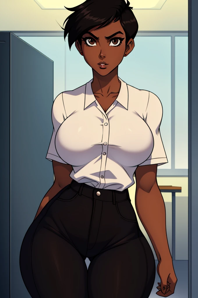 ((ultra quality)), ((masterpiece)), Lois Lane, ((black short hair tomboy hairstyle)), (Beautiful face), (beautiful female lips), (), charming, ((sexy facial expression)), (Dark skin color), (dark skin), glare on the body, ((detailed beautiful female eyes)), ((dark brown eyes)), (juicy female lips), (dark eyeliner), (beautiful female hands), ((ideal female figure)), ideal female body, beautiful waist, gorgeous thighs, beautiful medium breasts, ((subtle and beautiful)), sexy worth (), (White shirt, Black jeans) background: office, ((depth of field)), ((high quality clear image)), (clear details), ((high detail)), realistically, professional photo session