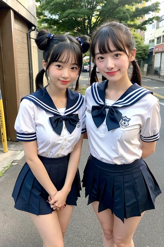 2 girls standing in Japanese street,short-sleeved white sailor leotard with navy blue skirt frills,red bow tie,school bags,18-year-old,bangs,a little smile,large bare thighs,knees,legs apart,short hair with low pigtails,from before,front light