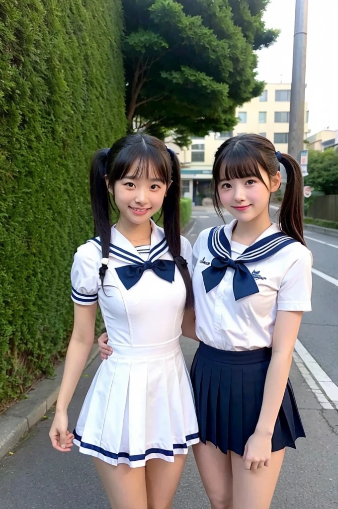 2 girls standing in Japanese street,short-sleeved white sailor leotard with navy blue skirt frills,red bow tie,school bags,18-year-old,bangs,a little smile,large bare thighs,knees,legs apart,short hair with low pigtails,from before,front light