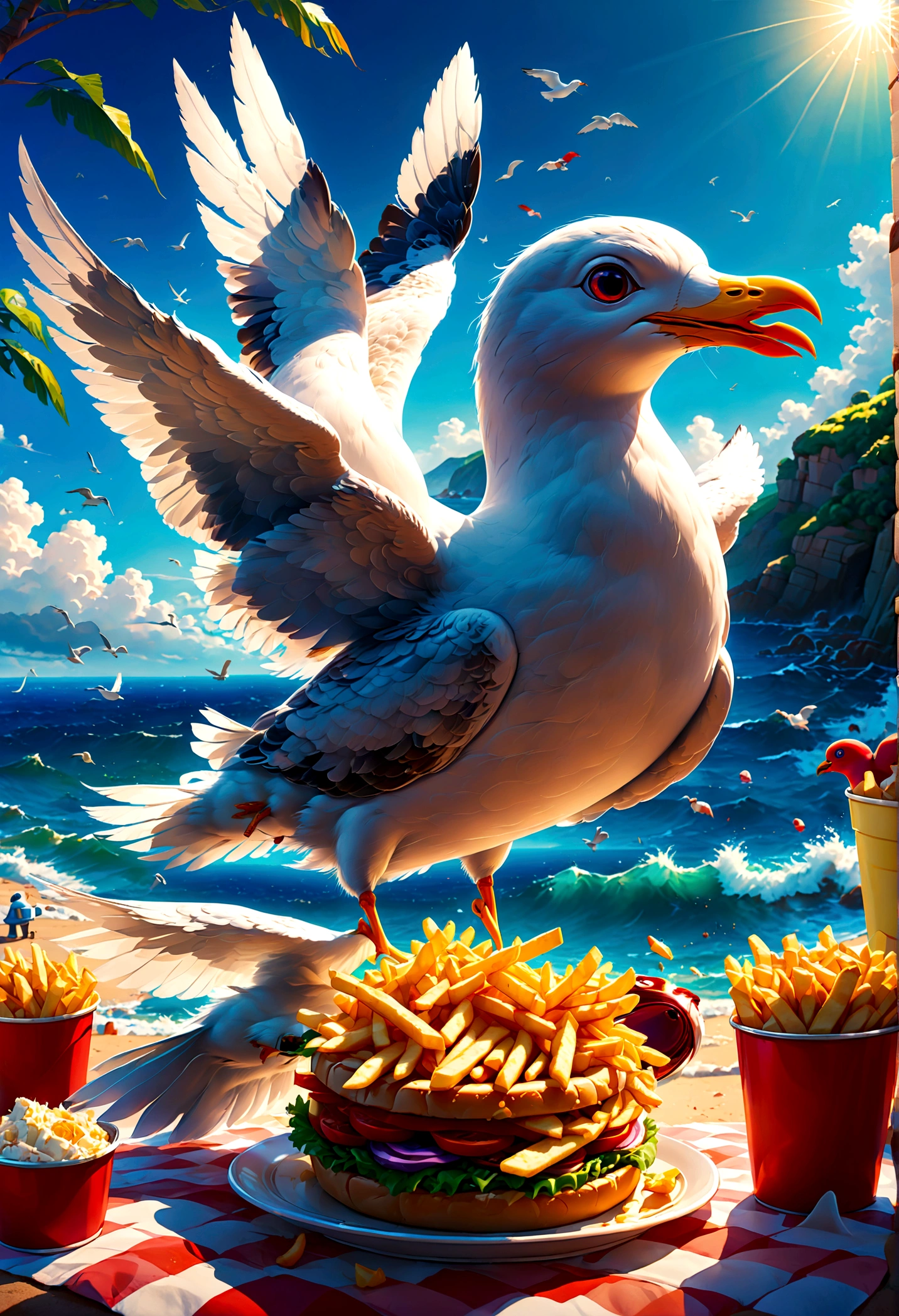 anime style, Toy Story have Fries lunch picnic by the sea, (a Seagull Unexpected break-in:1.2), anime screenshot, source_anime, dramatic composition, cinematic dynamic action scene, vibrant colors, cinematic lighting, dramatic lighting, best quality, masterpiece, very aesthetic, perfect composition, intricate details, ultra-detailed