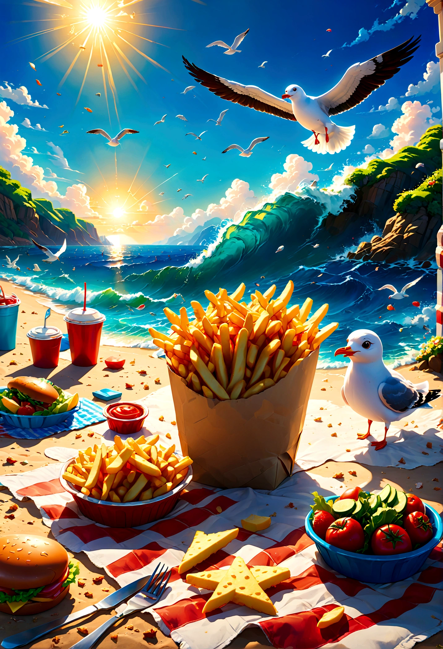 anime style, Toy Story have Fries lunch picnic by the sea, (a Seagull Unexpected break-in:1.2), anime screenshot, source_anime, dramatic composition, cinematic dynamic action scene, vibrant colors, cinematic lighting, dramatic lighting, best quality, masterpiece, very aesthetic, perfect composition, intricate details, ultra-detailed