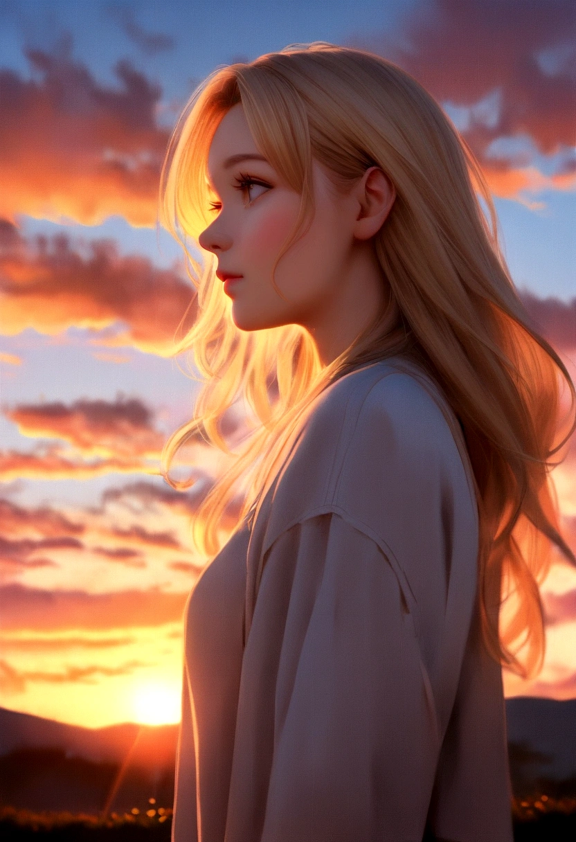a woman with long blonde hair standing on a hill looking At sunset, a photo by Niko Henrichon, Unsplash, realism, Watching the sunset少女, Watching the sunset, beautiful girl on the horizon, Watching the sunset, While watching the sunset, beautiful girl, Looking into the distance, At sunset, At sunset, Looking into the distance