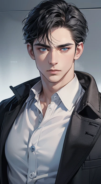 (best quality, masterpiece, 8K, photorealistic, cinematic lighting, 1:4 hdr image, ultra detailed, beautiful image), a mature man, 34 years very handsome, ((cold expression)), short grey black hair, blue eyes, face perfect without mistakes, ((buttoning his jacket, CEO))