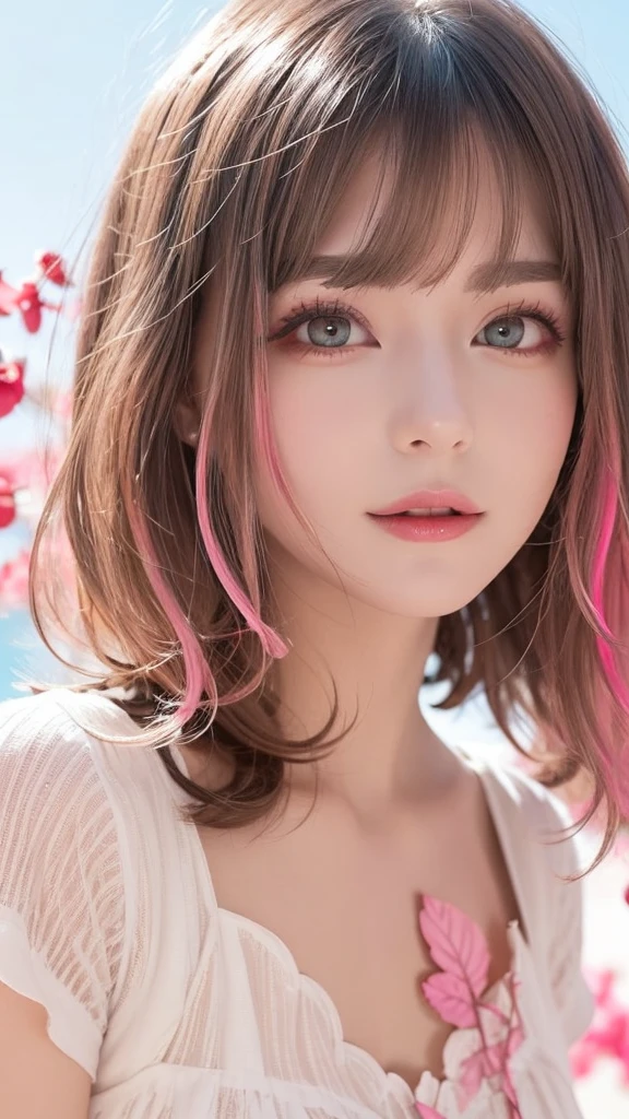 Light pink hair, Pink Eyes, Pink and white, Cherry leaves, Vibrant colors, White Dress, Paint splashes, Simple Background, Ray Tracing, Wavy Hair　、Face close-up