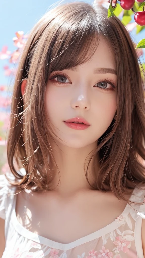 Light pink hair, Pink Eyes, Pink and white, Cherry leaves, Vibrant colors, White Dress, Paint splashes, Simple Background, Ray Tracing, Wavy Hair 、Face close-up
