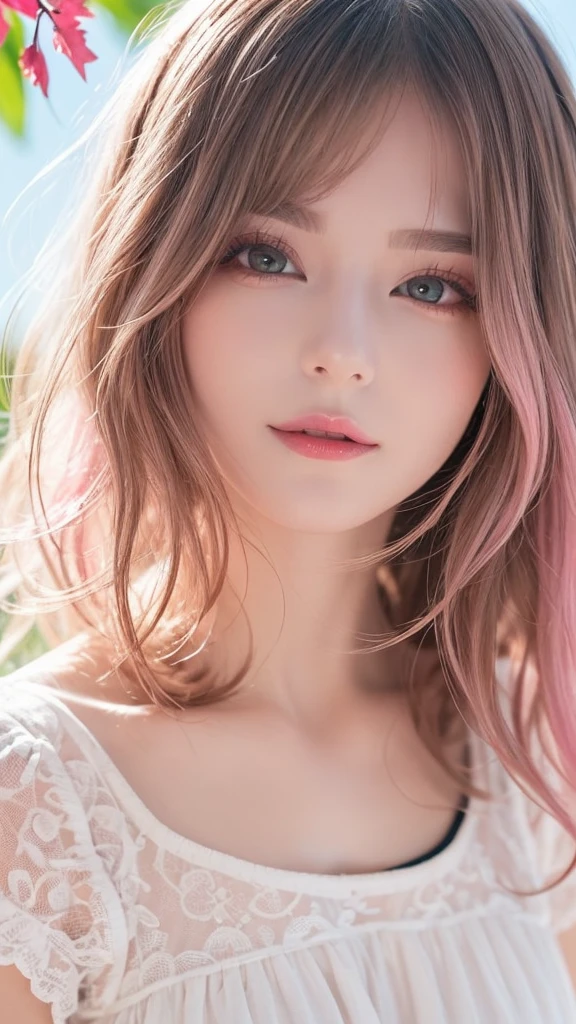 Light pink hair, Pink Eyes, Pink and white, Cherry leaves, Vibrant colors, White Dress, Paint splashes, Simple Background, Ray Tracing, Wavy Hair 、Face close-up