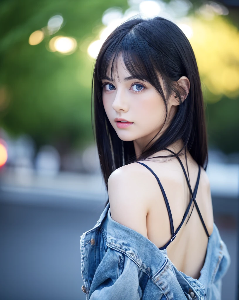 Beautiful Japanese girl with green eyes and black hair, Wear casual clothes, Photo from behind, ultra High resolution, (Realistic: 1.4), High resolution ,( blue eyes), (Detailed skin), (Perfect Proportions) (Photo Real) (masterpiece) (Realistic), Ultra-realistic (Highest quality) (detailed) Photographed with Canon EOS R5, 50mm lens, debt/2.8, (8k) (wallpaper) (Cinema Lighting) (Dramatic lighting) (Complex) ,jeans