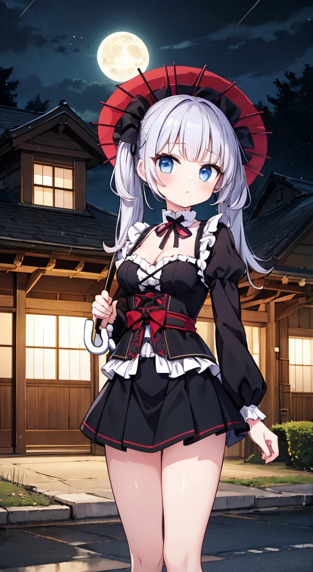 masterpiece, highest quality, (anime screencap:1.3),(shape), cute,(simple:1), (anime:1.2),Solo Sharp Focus, 1 girl, cleavage,looking at the viewer, Japan,nighttime,gold hair,((mini skirt)),Are standing, twin tails,summer ,((Black Gothic Costume)),red ribbon,dark gothic,abandoned house,lolita fashion,hair ribbon,cowboy shot,in the nighttime,Fullmoon,rainy days,umbrella,ruin house,