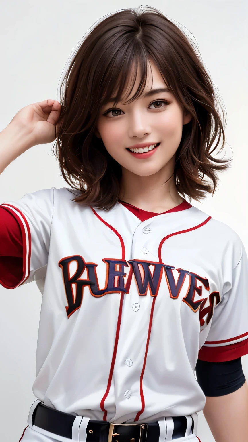 (Highest quality、8k、32K、masterpiece)、(Realistic)、(Realistic:1.2)、(High resolution)、Very detailed、Very beautiful face and eyes、1 Girl、Round and small face、Tight waist、(close、Highest quality、Attention to detail、Rich skin detail)、(Highest quality、8k、Oil paints:1.2)、(Realistic、Realistic:1.37)、Bright colors、(((Brown Hair)))、(((Upper Body Shot)))、(((Medium Hair)))、(((White wall background)))、(((Fun Expressions)))、(((Baseball uniforms)))、(((Pink uniform)))、(((smile)))、(((short hair、Baseball cap)))、Black Uniform、(((Brown Hair)))、(((Chestnut Hair)))、(((Brown Hair、Twin tails)))