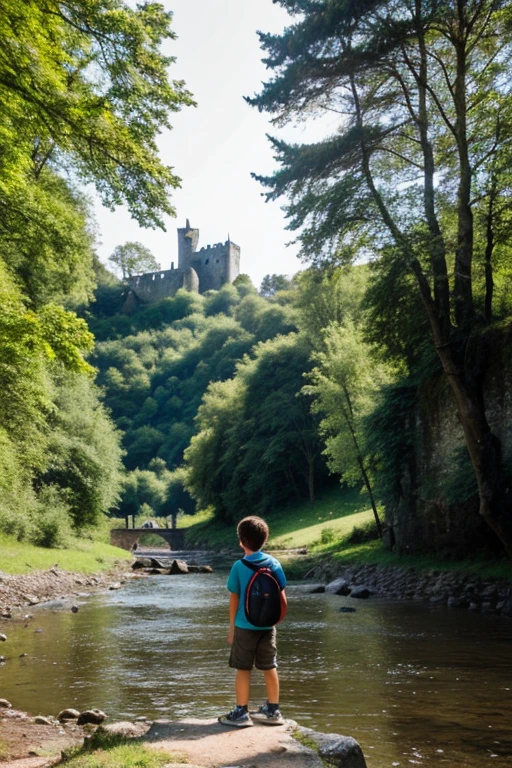 creates an image of a boy in front of a ruined castle surrounded by trees and a river surrounding the castle. es importante que el chico tenga una mochila de explorador se vea de cerca y de espaldas, mirando al castillo