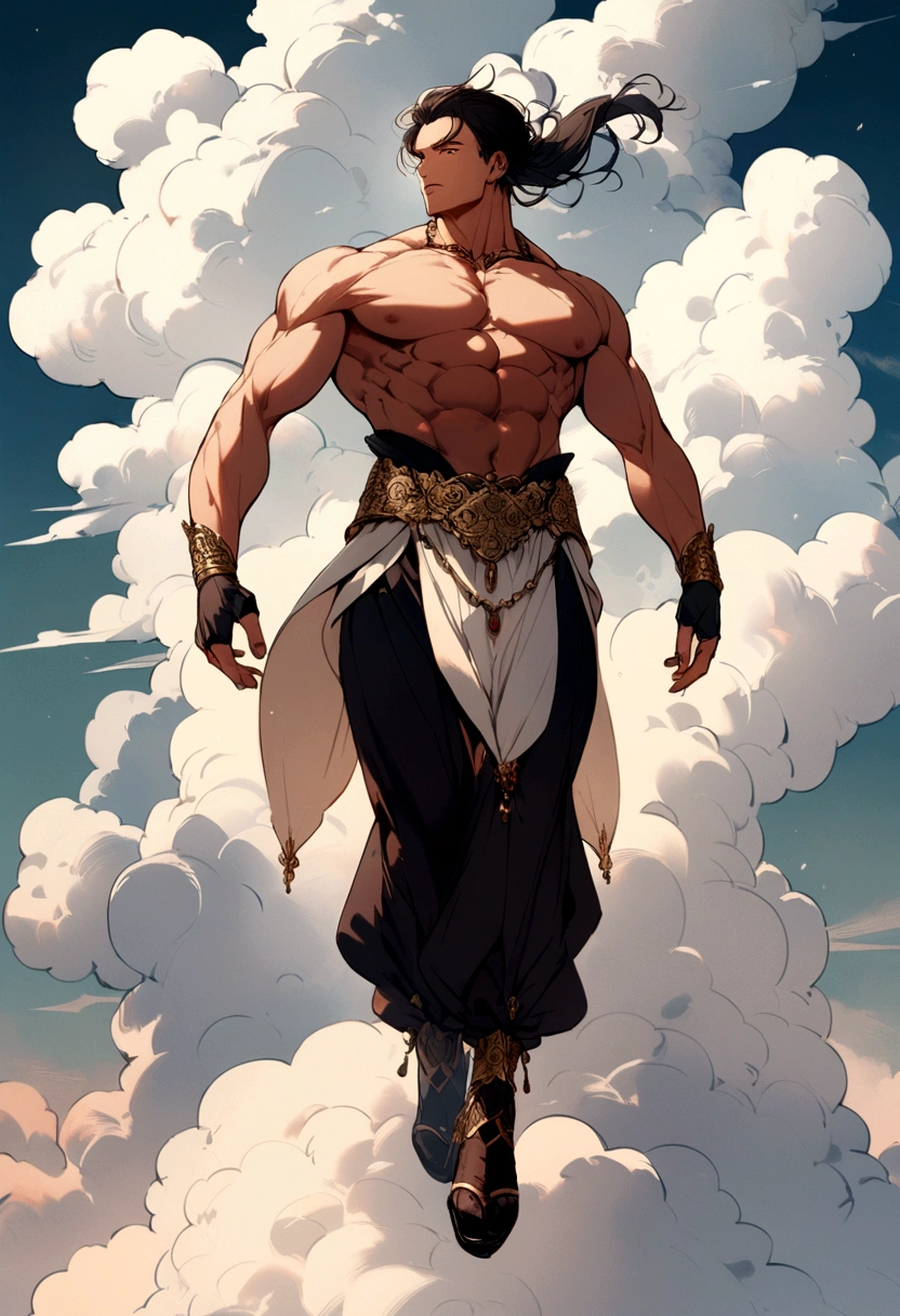 a muscular guy levitating in a background of clouds
