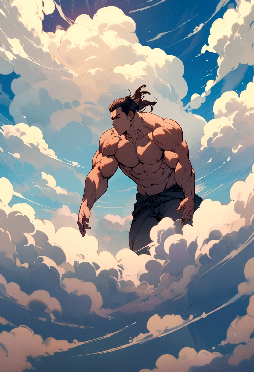 a muscular guy levitating in a background of clouds