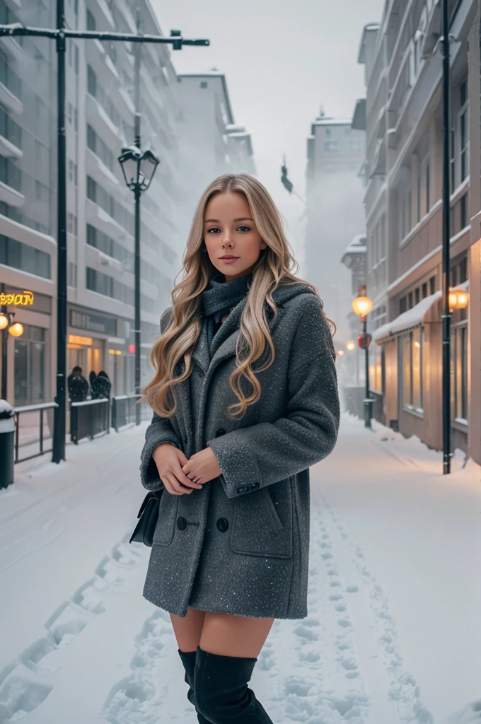 professional portrait photograph of a gorgeous Norwegian girl in winter clothing with long wavy blonde hair, sultry flirty look, gorgeous symmetrical face, cute natural makeup, wearing elegant warm winter fashion clothing, ((standing outside in snowy city street)), stunning modern urban environment, ultra realistic, concept art, elegant, highly detailed, intricate, sharp focus, depth of field, f/1. 8, 85mm, medium shot, mid shot, (((professionally color graded))), bright soft diffused light, (volumetric fog), trending on instagram, hdr 4k, 8k