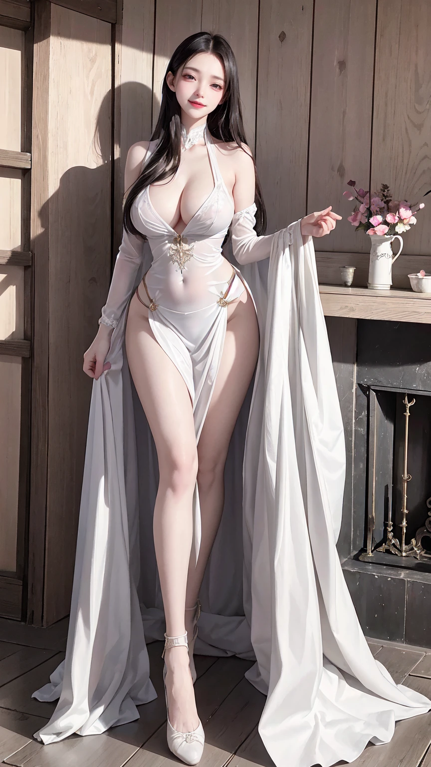 see through clothes(Full body female love:1.3)，best quality, masterpiece, ultra high resolution, (lifelike:1.4), original photo, 1 female,18 years old， black hair, big eyes, Detailed eyes and face,huge breasts，split，long legs，Belted robe open ，bare shoulder，no underwear:1.5,see through clothes，Hollow material white clothes，Smile、sleeveless costume、Extremely revealing clothingHuge breasts and ass on a thin body、