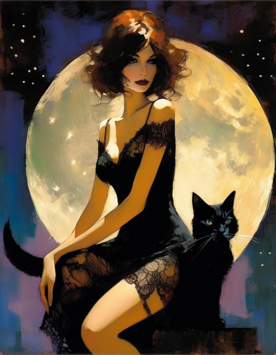 the sexy girl and the cat and the half moon, night, lace dress ( art inspired by Bill Sienkiewicz, oil painting)
