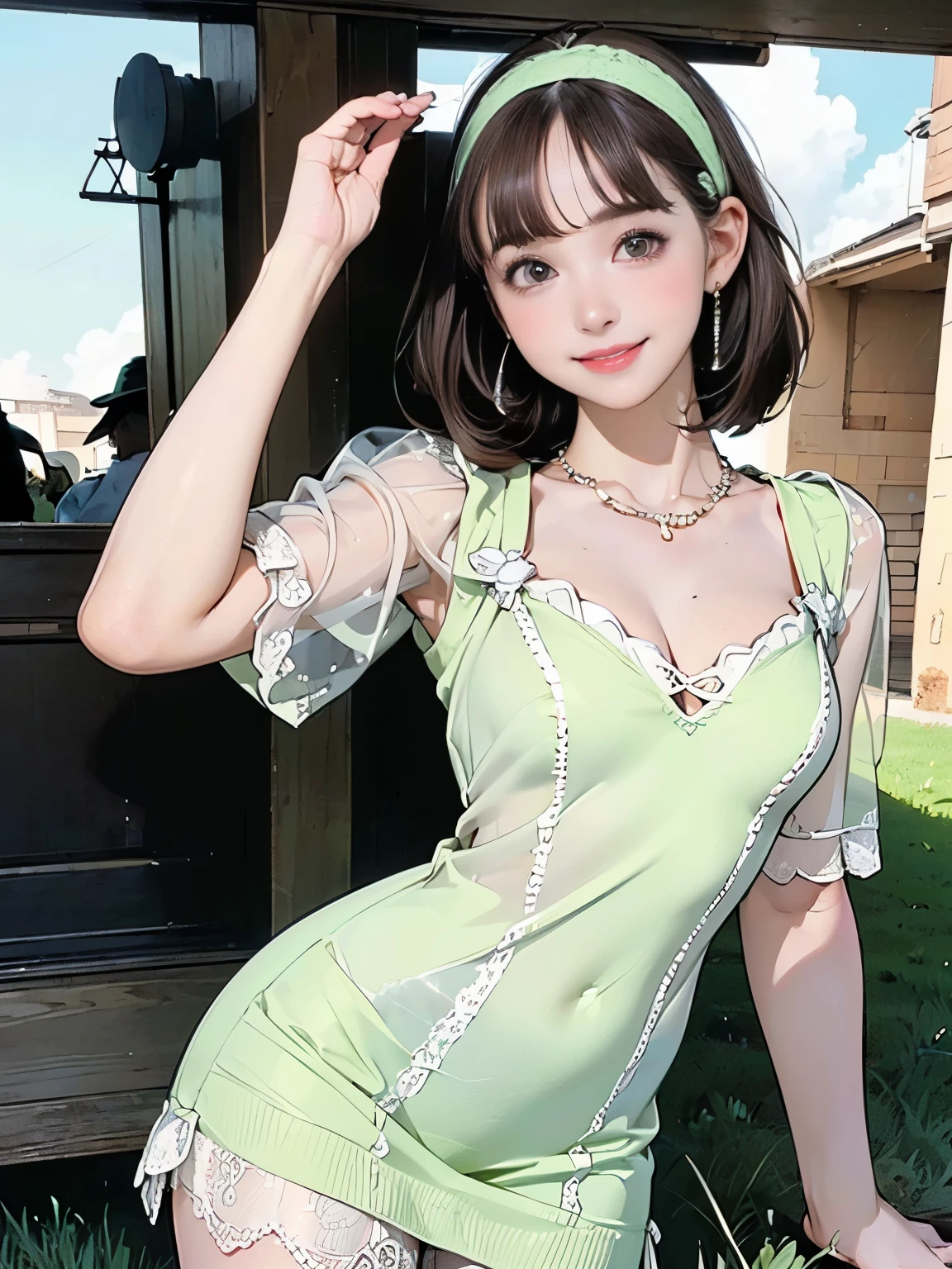 ((((Highest quality))))、(((Ultra-precision CG16K wallpaper)))、(((masterpiece)))、(((Super detailed)))、(((Extreme detail)))、((1Mature 29 year old woman:1.6))、((Very beautiful Japan face of a person))、((Urizane Face:1.6))、((Medium Straight Hair、blunt bangs:1.8))、(Shiny brown hair)、A delicately drawn beautiful face、Dark Eyes、High nose、Small nostrils、Small Mouth、Seductive lips、Beautiful breasts、((C cup size breasts))、Cleavage、Beautiful feet、eight-headed body、Perfect proportions、Perfect Anatomy、Perfect composition、Beautiful detailed shading、Beautiful, natural lighting、Beautiful detail glow、Depth of written boundary、(((High chroma)))、(((Real:1.9)))、((vivid:1.5))、((Beautiful Skin))、((Skin Texture))、((Realな皮膚感))、(((Cowboy Shot:1.6)))、((front view、shoot from front、front low angle:1.6))、(((smile:1.8)))、((The woman is looking at this、looking at viewer:1.6))、Bright daylight、Natural light、(((background_Grass Square、cloud:1.4)))、(Fashion model standing pose:1.6)、(((Light green see-through lace knit mini dress:1.6)))、((hair band、necklace、Wearing earrings:1.5))、((Knee socks clothing:1.3))、