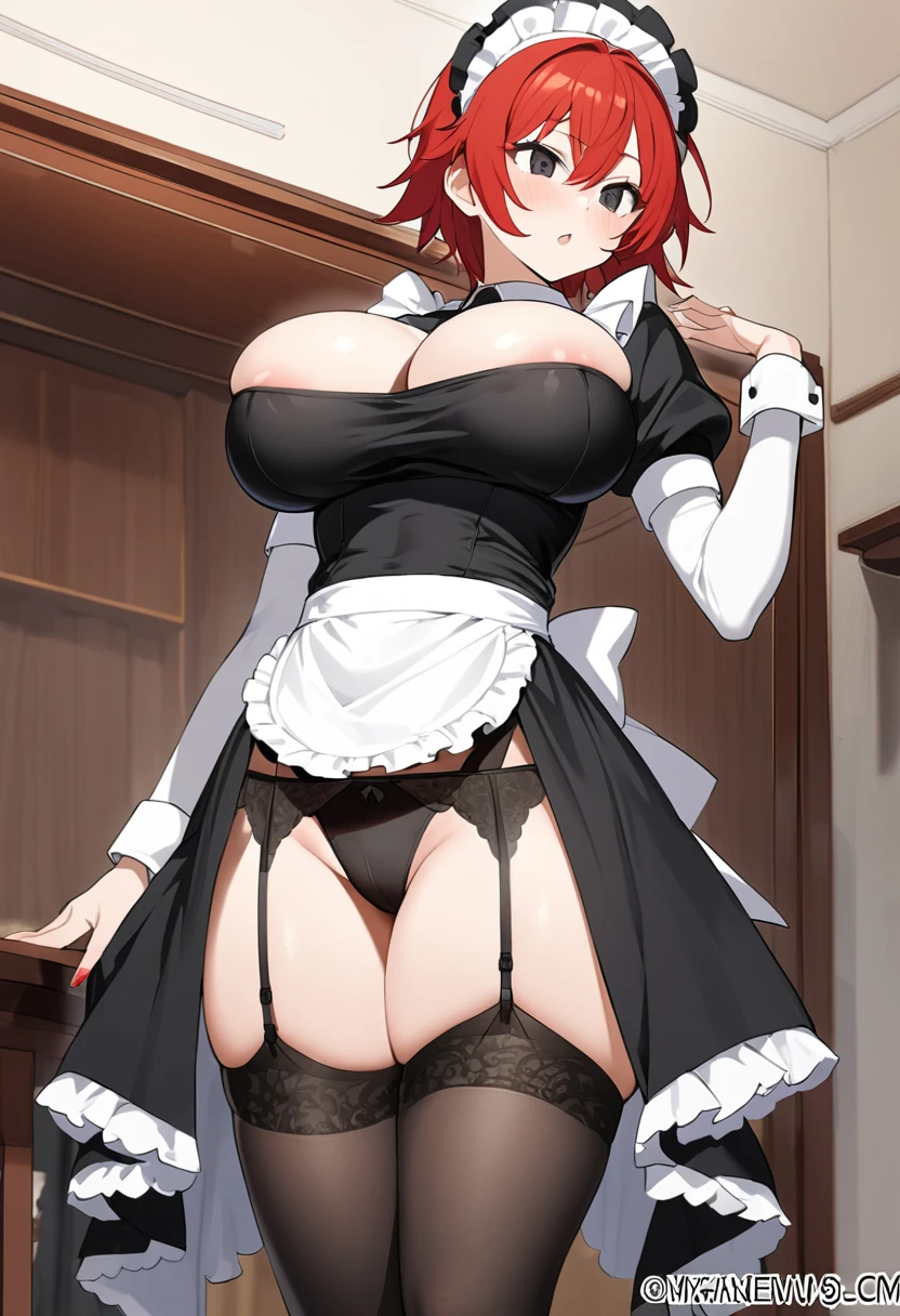 My name is Hikaru, I am a white test woman with long red hair and black eyes. I am 1.60cm tall and weigh 46kg. My breast sizes are 300 cm, my waist is 60 cm and my hips are 200 cm. Dressed in a tight fitting maid outfit with Garter belt. With big breasts 300 cm