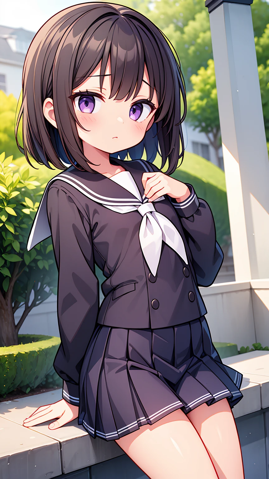 (High quality), (masterpiece), (very detailed), girl, (flat chest:1.6), short brown hair, purple eyes, shy face, primary  girl, white blouse, black skirt with pleats, (loli), showing her thighs, on the school yard, sunny, school girl, (sailor uniform), confessing his love towards the viewer, spectator looked under her, adorable eyes, (school uniform)