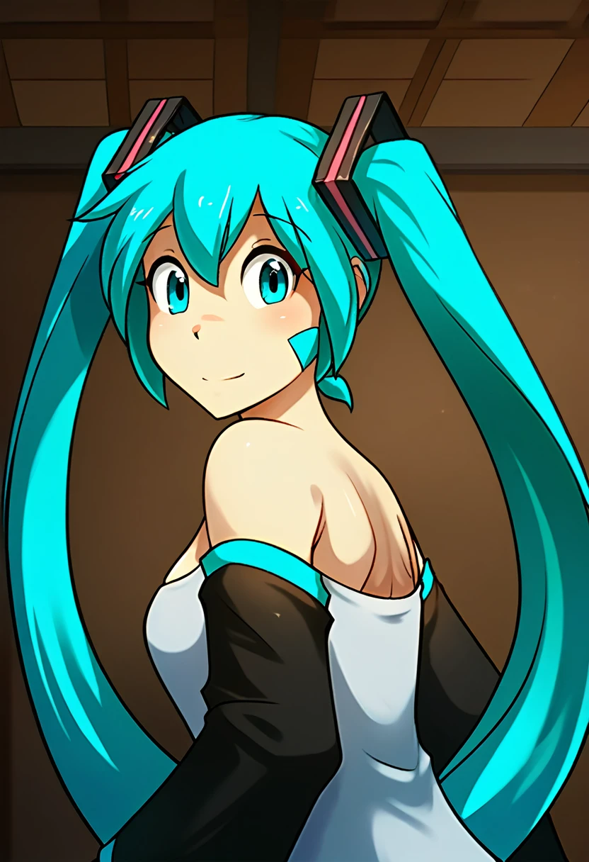 score_9, score_8_up, score_7_up, score_6_up, score_5_up, score_4_up, rating_explicit, female, cute female, cute face, detailed background, looking at viewer, solo, solo focus, trace-twokinds, Hatsune miku, bare shoulders, detatched sleeves, ponytails, busty, room, holding green leak