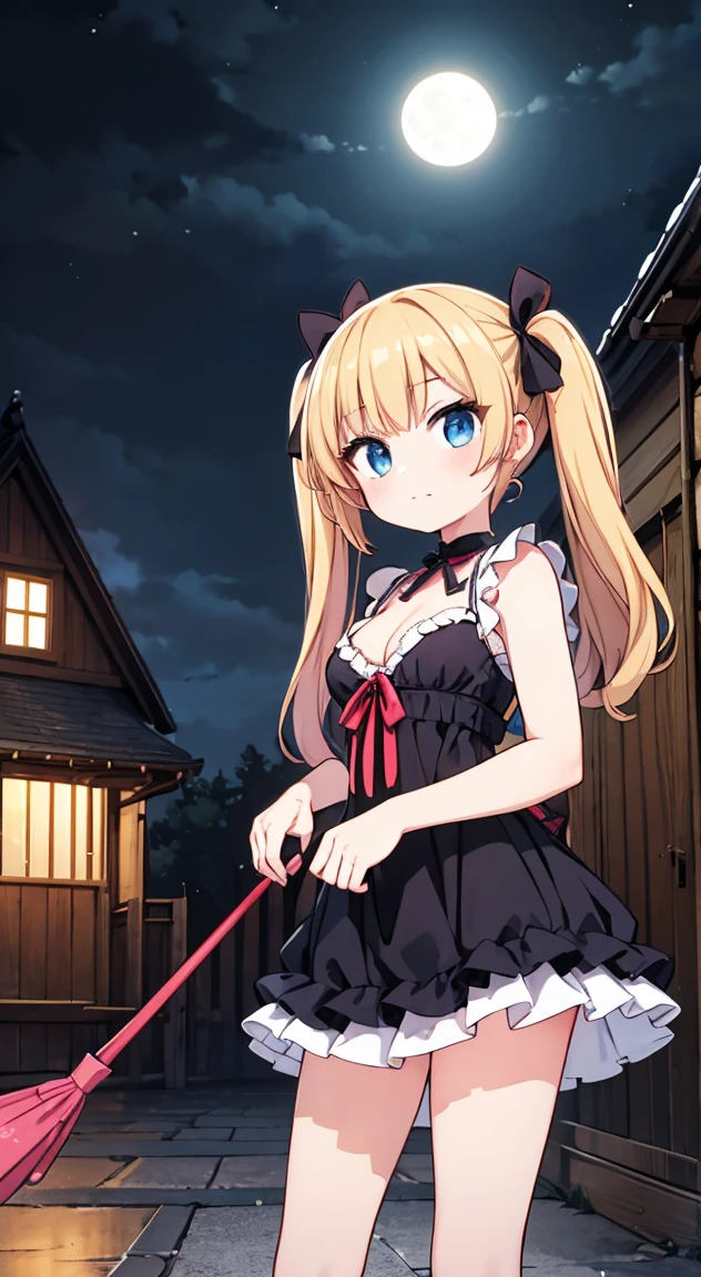 masterpiece, highest quality, (anime screencap:1.3),(shape), cute,(simple:1), (anime:1.2),Solo Sharp Focus, 1 girl, cleavage,looking at the viewer, Japan,nighttime,gold hair,((mini skirt)),Are standing, twin tails,summer ,((Black Gothic Costume)),red ribbon,dark gothic,abandoned house,lolita fashion,hair ribbon,cowboy shot,in the nighttime,rainy sky,,(Ruins house1.1),(Abandoned house1.1),large breasts,dark,cloudy,heavy rain,