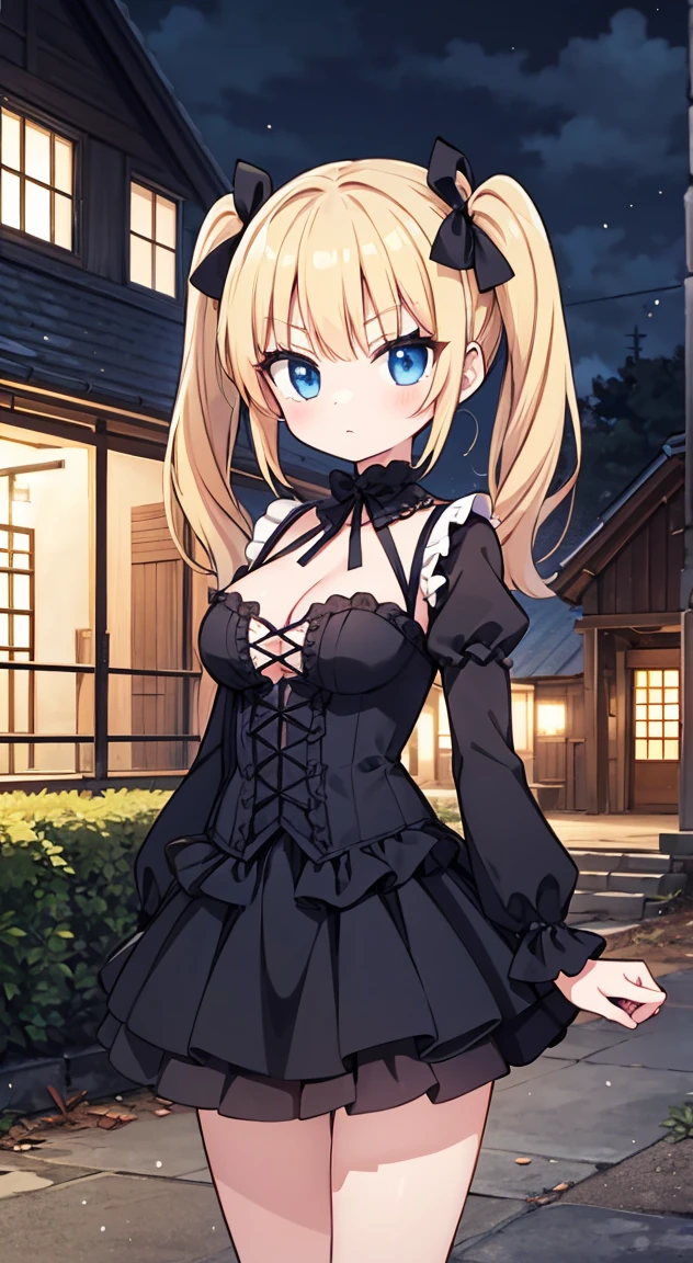 masterpiece, highest quality, (anime screencap:1.3),(shape), cute,(simple:1), (anime:1.2),Solo Sharp Focus, 1 girl, cleavage,looking at the viewer, Japan,nighttime,gold hair,((mini skirt)),Are standing, twin tails,summer ,((Black Gothic Costume)),red ribbon,dark gothic,abandoned house,lolita fashion,hair ribbon,cowboy shot,in the nighttime,Fullmoon,rainy days,umbrella,(Ruins house1.1),