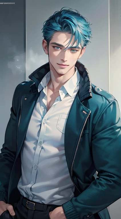 (best quality, masterpiece, 8K, photorealistic, cinematic lighting, 1:4 hdr image, ultra detailed, beautiful image), a mature man, 34 years very handsome, ((cold expression smile in love)), short blue hair, green eyes, face perfect without mistakes, ((buttoning his jacket, CEO))