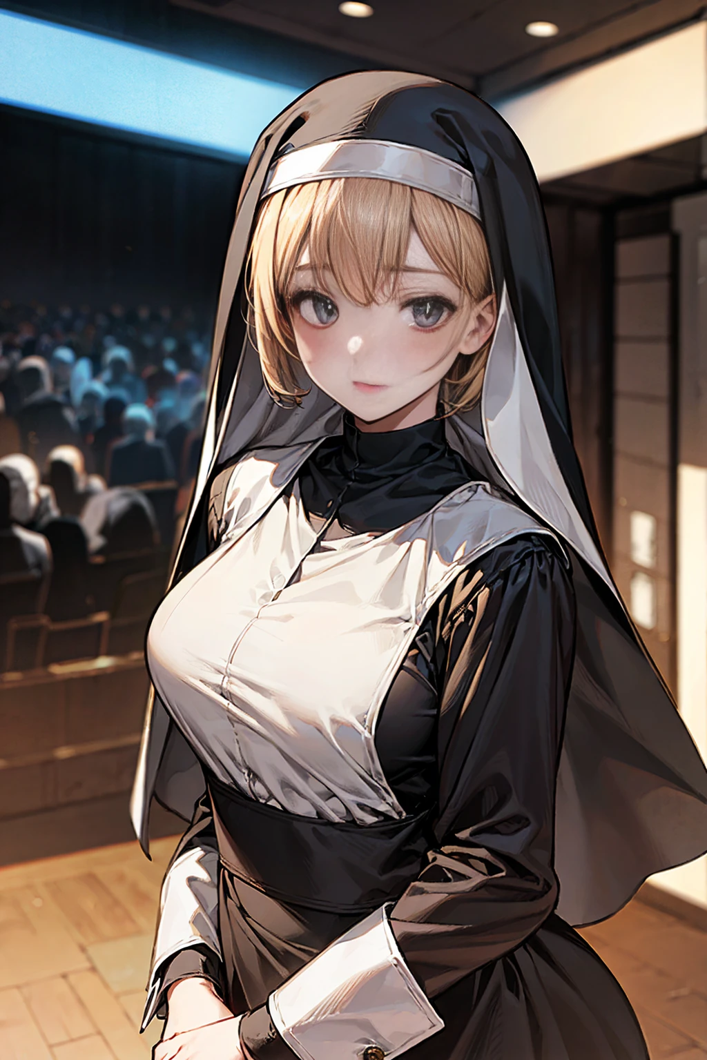 (Ultra-high resolution, 8k RAW photos, Photo Real, Thin contours), (Cinema Lighting, Fabric Shading), (Nun's hijab with gold decoration:1.3), (Huge breasts, Saggy breasts, big , Cleavage), One girl, ((Mature Woman, Mature Woman:1.2)), 20-year-old, (Chest curtain, Long tight skirt with side slits), Mature saint praying at the altar of the church, Wearing religious uniform, blush, In the heat, Embarrassed, Looking at the audience, Blonde, At night, Clothes that show your body lines, (Dynamic Angle, From above), spiritual,