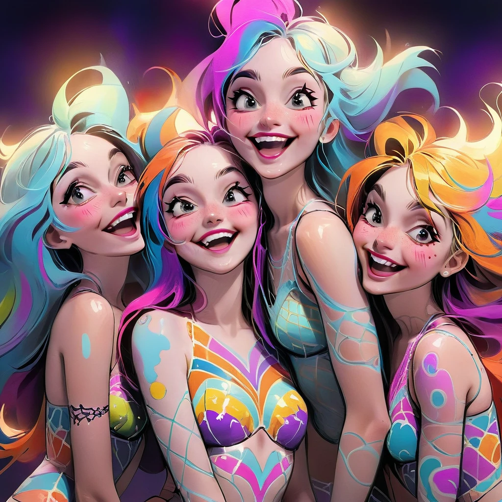 a surreal psychedelic artwork, three extremely beautiful young women in body painting laughing, erotic atmosphere, (best quality,4k,8k,highres,masterpiece:1.2),ultra-detailed,(realistic,photorealistic,photo-realistic:1.37),hyperdetailed faces, intricate details, vibrant colors, dramatic lighting, dreamlike surreal setting, ethereal atmosphere, sensual poses, high fashion lingerie, glossy skin, long flowing hair, alluring expressions