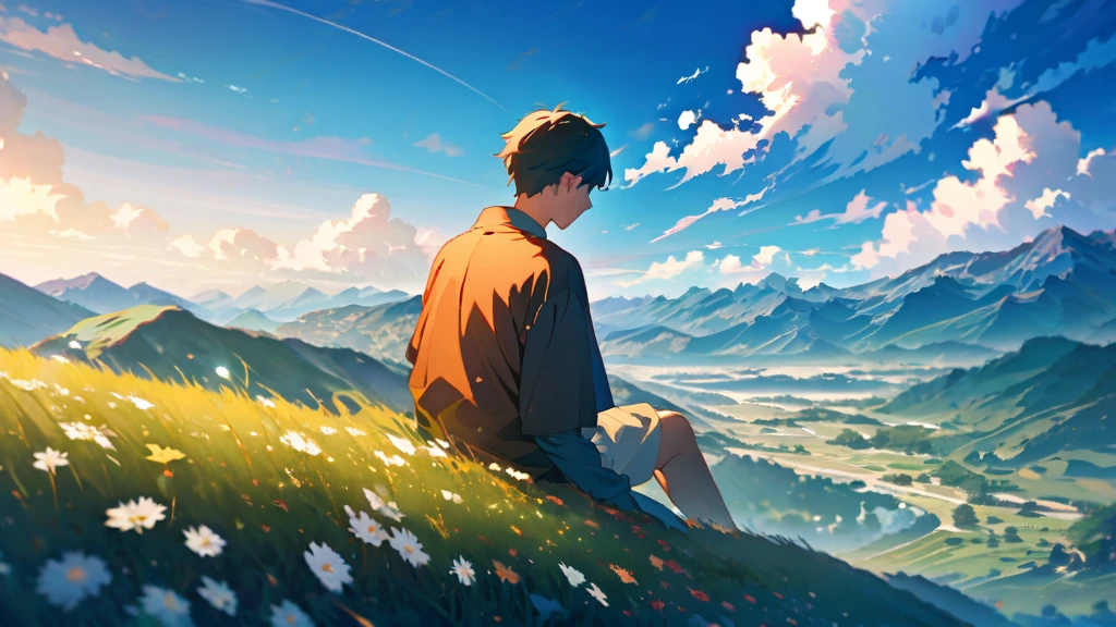 Anime landscape with a person sitting on a hill looking at a mountain Generate an 8K AI image showcasing a young sitting watching mountains on a cliff in a picturesque landscape, blue sky, with a serene and peaceful atmosphere. The camera is positioned at a long distance, capturing as he gazes out at the beauty around him. is a tranquil scene of rolling hills, vibrant meadows, and clear blue skies dotted with fluffy clouds. The sunlight gently bathes the landscape, casting warm hues across the scene and creating a sense of calm and contentment. expression reflects his youthful exuberance and joy, perfectly complementing the beauty of the peaceful background.