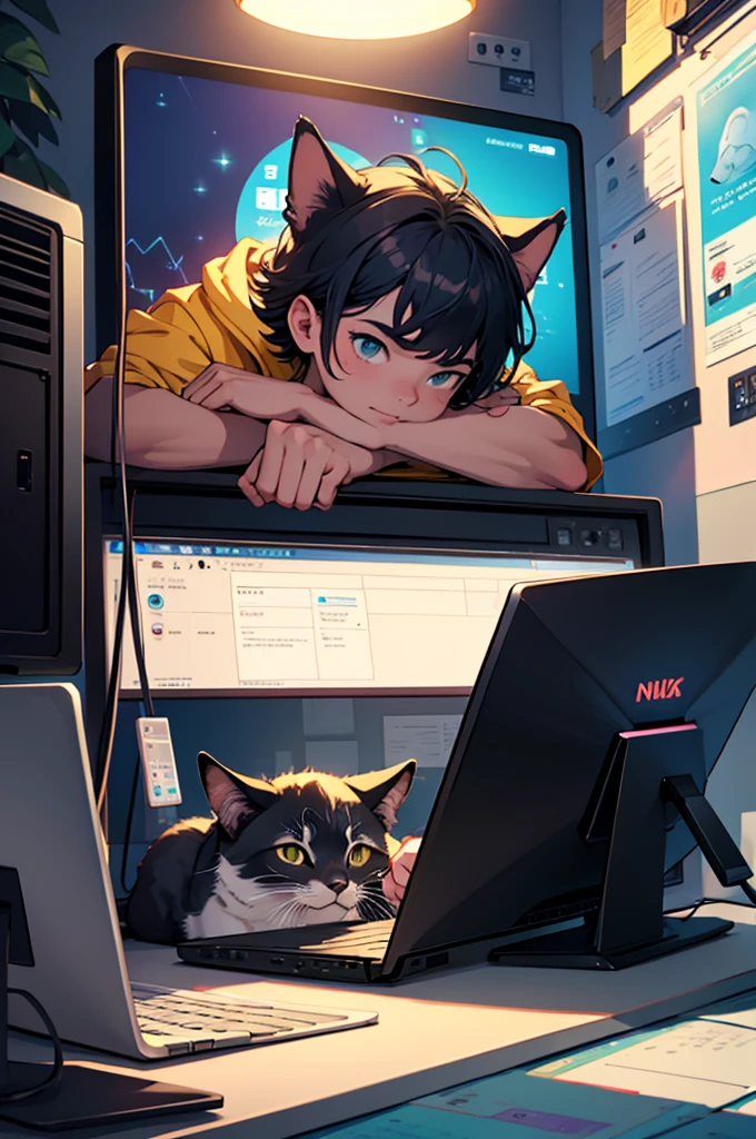 crie uma imagem estilo lofi em 8k para postar no youtube de um adolescente estudando em frente a um computador e de lado para janela onde a um gato fofo e peludo a noite