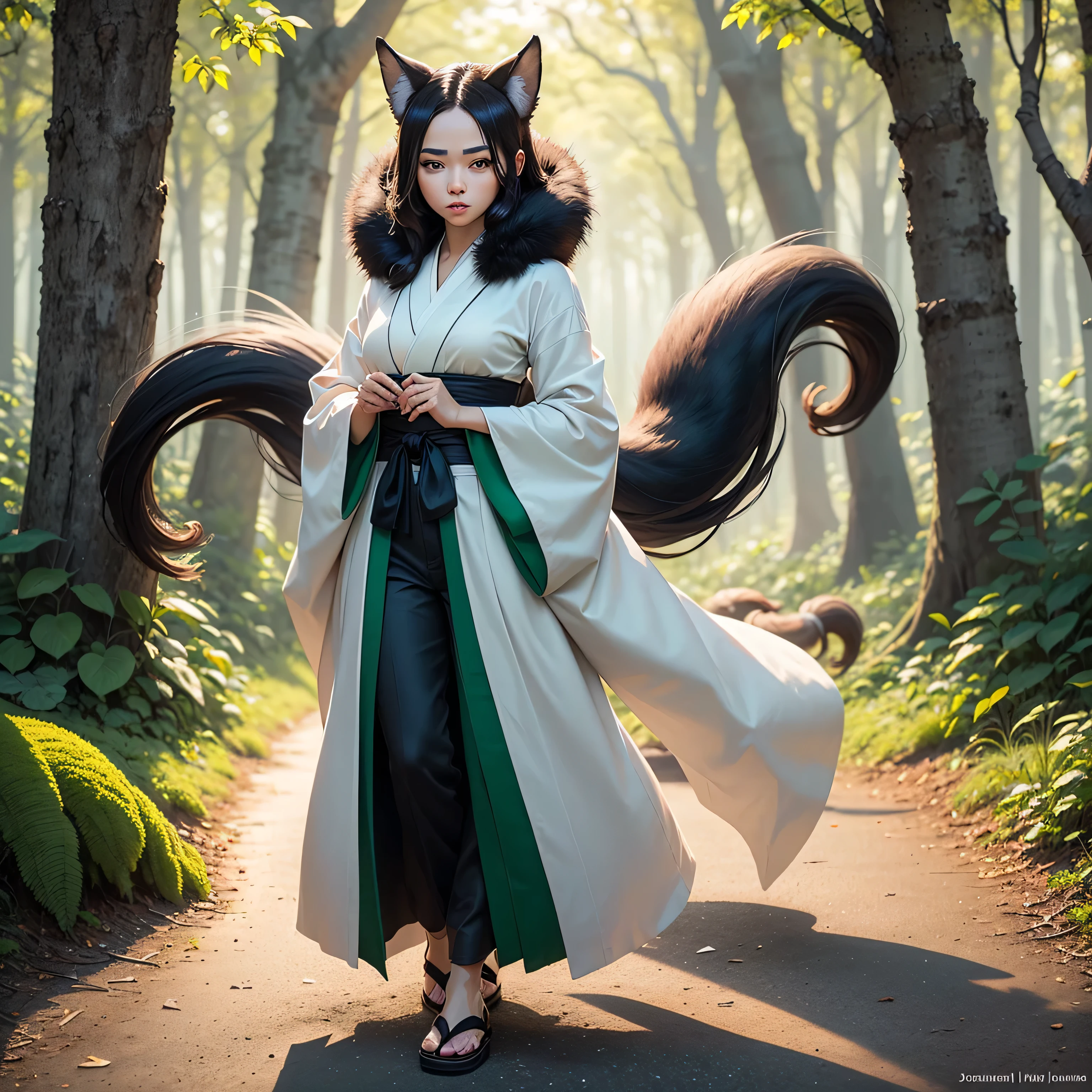 ((full body shot at distance)) , (((1girl))), (realistic fox-girl with black hair and nine tails) , (nine tails with black fur:2.0 ) , (image centered on subject with her tails spread behind her:1.5) , (anatomical perfect), (beautiful human face, high cheekbones, green eyes  fox ears) , (very detailed green  and white ankle length kimono with a loose fit:1.5 ) , inspired by Sugimura Jihei, delicate and fine, (tentacles:fox tails:0.5), white form, inspired by Sōami, jormungand, mystical creatures, realistic, ultra detailed, dynamic pose, sunrise lighting, detailed forest background