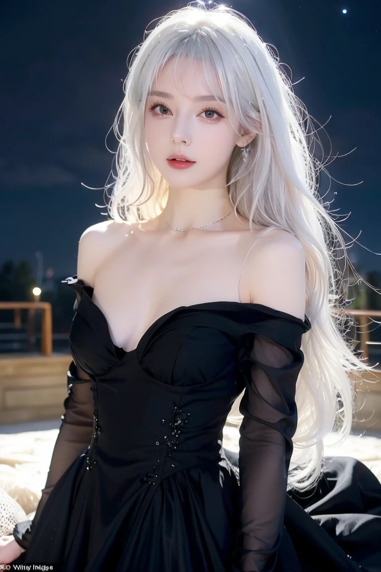 (((From this knee up)), Night view, star, (((masterpiece:1.5, detailed:1.4)), Top View, Backlight, A fantastic atmosphere envelopes this ancient city as this sun sets。At this center of this magical moment is a woman、(White Hair Girl:1.5)and、Her beautiful hair、(Backlight)A sparkling white waterfall flows down from below..。give off a mysterious charm、Suspended particles bloom in this surrounding air、Her Beauty、(Beautiful white and shining skin:1.3)Shine mystically。this((A dress as black as this night sky))It is beautiful and decorated、The off-shoulder design gives a feminine impression..Face close-up、