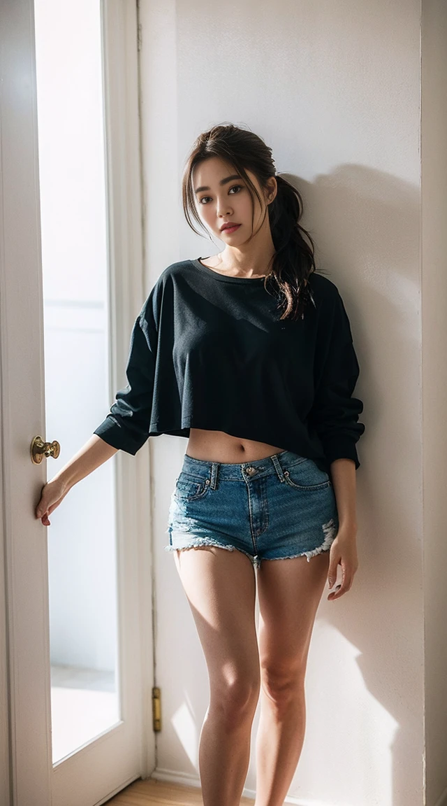 Dark brown hair、Light brown eyes、Japanese actress、 Lady、I am about 40 years old.......、(Intricate details:1.2)、 (Ultra-high resolution:1.2)、Ultra-high resolution、(Finely tuned)、(Detailed facial features)、Hmph、8K resolution、D cup size breasts、Long Hair、Bright terrace room with sunlight streaming in、Large windows、Extravagant space、relax、、,Full body photo、Head to toe shot、Beautiful feet、black Loose fit openwork T-shirt、Underwear shorts、Beautiful feet、Bright terrace room with sunlight streaming in、she, household items, (plant:0.8), Fashion Hub, Very detailed, Very detailed, Realistic, Hourglass Shaped Body, Obscene pose,、Messy Hair、Messy ponytail、Leaning against a wall、I cry a lot、tears、Skin is visible through the knit、White floor、White wall、A masterpiece of transparent painting、