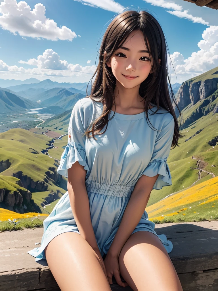 Anime landscape with a person sitting on a hill looking at a mountain Generate an 8K AI image showcasing a young sitting watching mountains on a cliff in a picturesque landscape, blue sky, with a serene and peaceful atmosphere. The camera is positioned at a long distance, capturing as he gazes out at the beauty around him. is a tranquil scene of rolling hills, vibrant meadows, and clear blue skies dotted with fluffy clouds. The sunlight gently bathes the landscape, casting warm hues across the scene and creating a sense of calm and contentment. expression reflects his youthful exuberance and joy, perfectly complementing the beauty of the peaceful background.