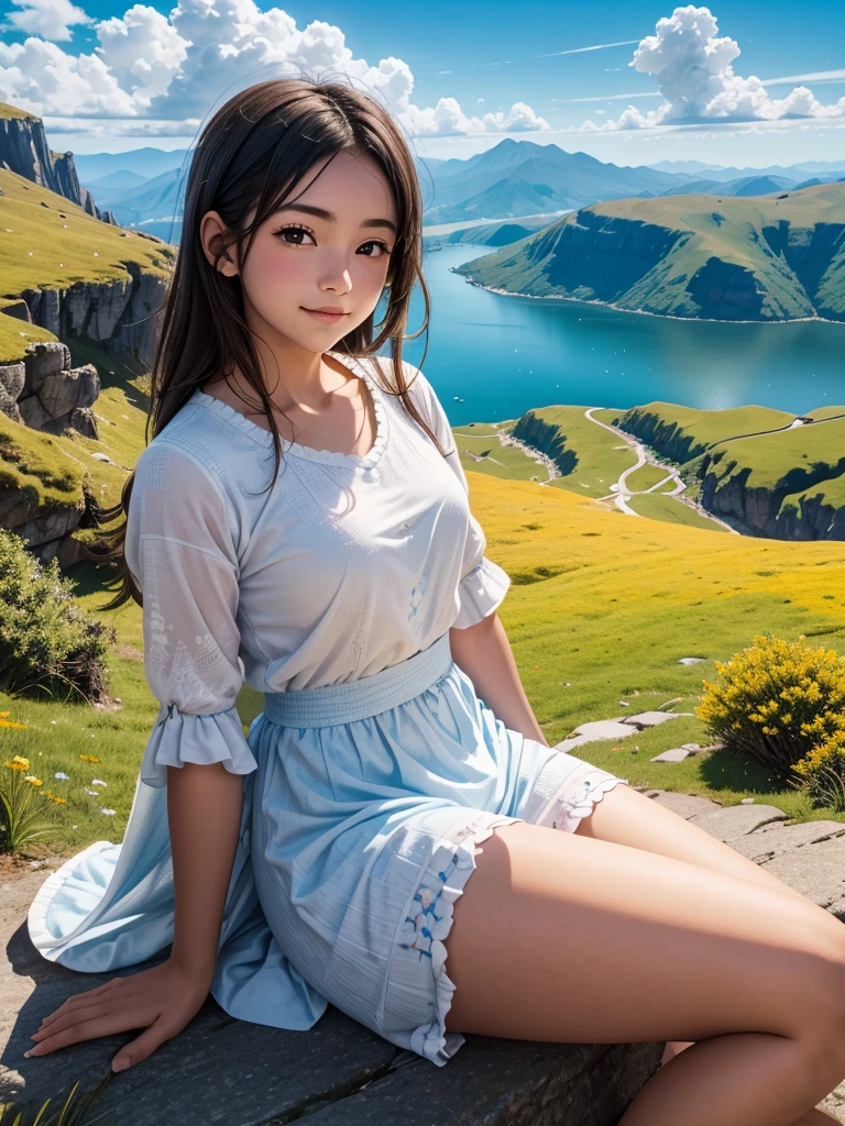 Anime landscape with a person sitting on a hill looking at a mountain Generate an 8K AI image showcasing a young sitting watching mountains on a cliff in a picturesque landscape, blue sky, with a serene and peaceful atmosphere. The camera is positioned at a long distance, capturing as he gazes out at the beauty around him. is a tranquil scene of rolling hills, vibrant meadows, and clear blue skies dotted with fluffy clouds. The sunlight gently bathes the landscape, casting warm hues across the scene and creating a sense of calm and contentment. expression reflects his youthful exuberance and joy, perfectly complementing the beauty of the peaceful background.